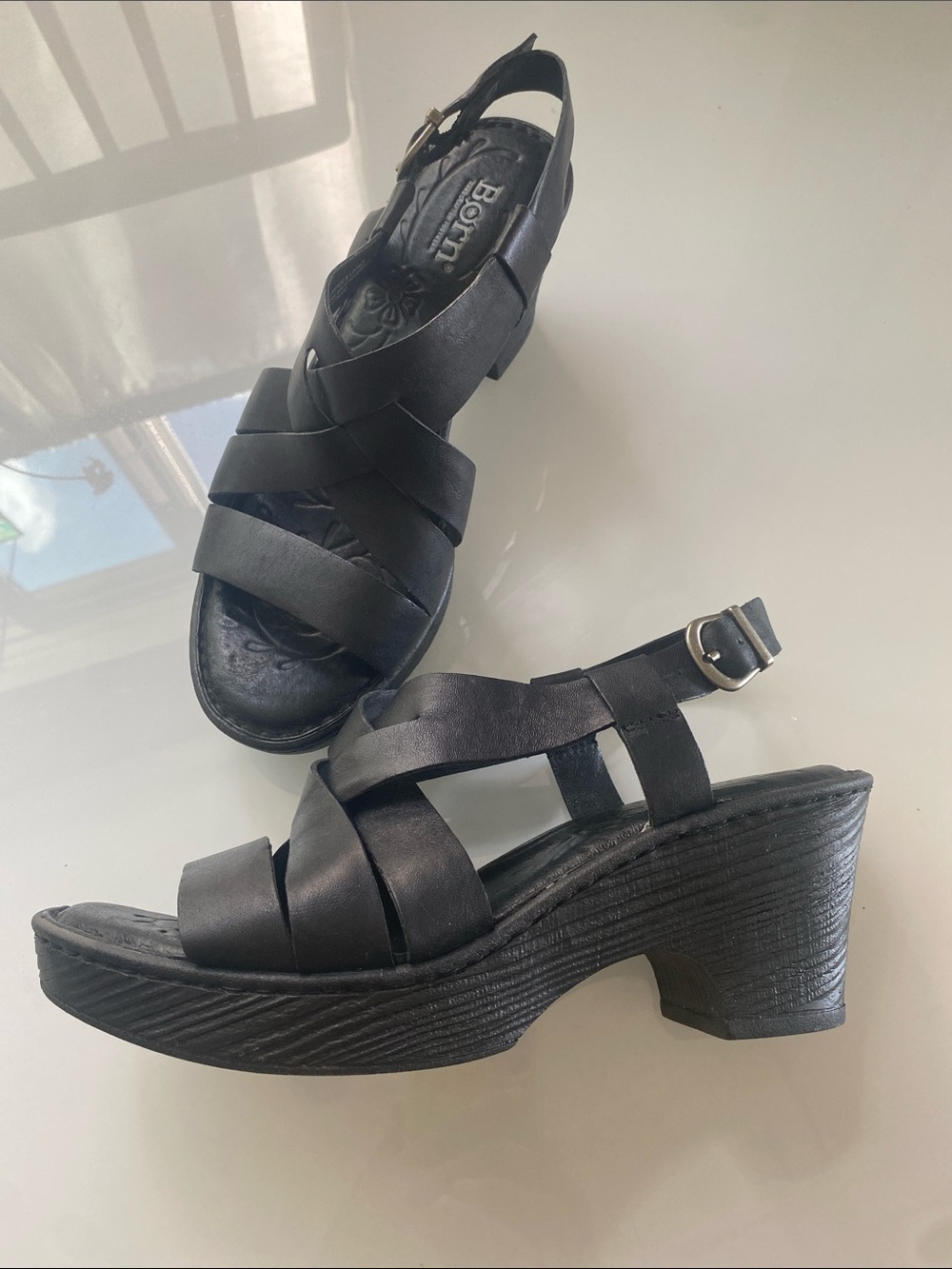Born Black leather Strappy Wedge Sandals with Buckle